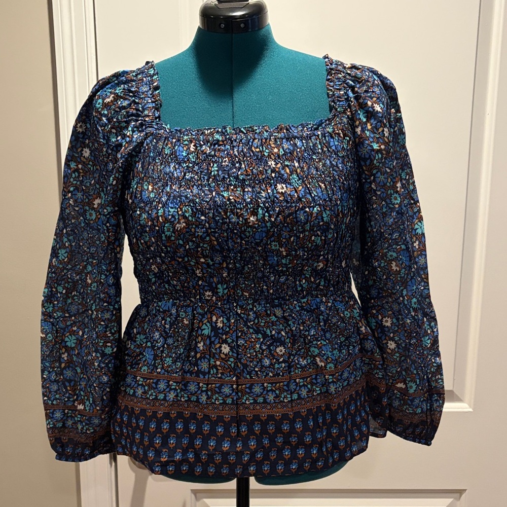 Vineyard Vines Blue Floral Smocked Blouse